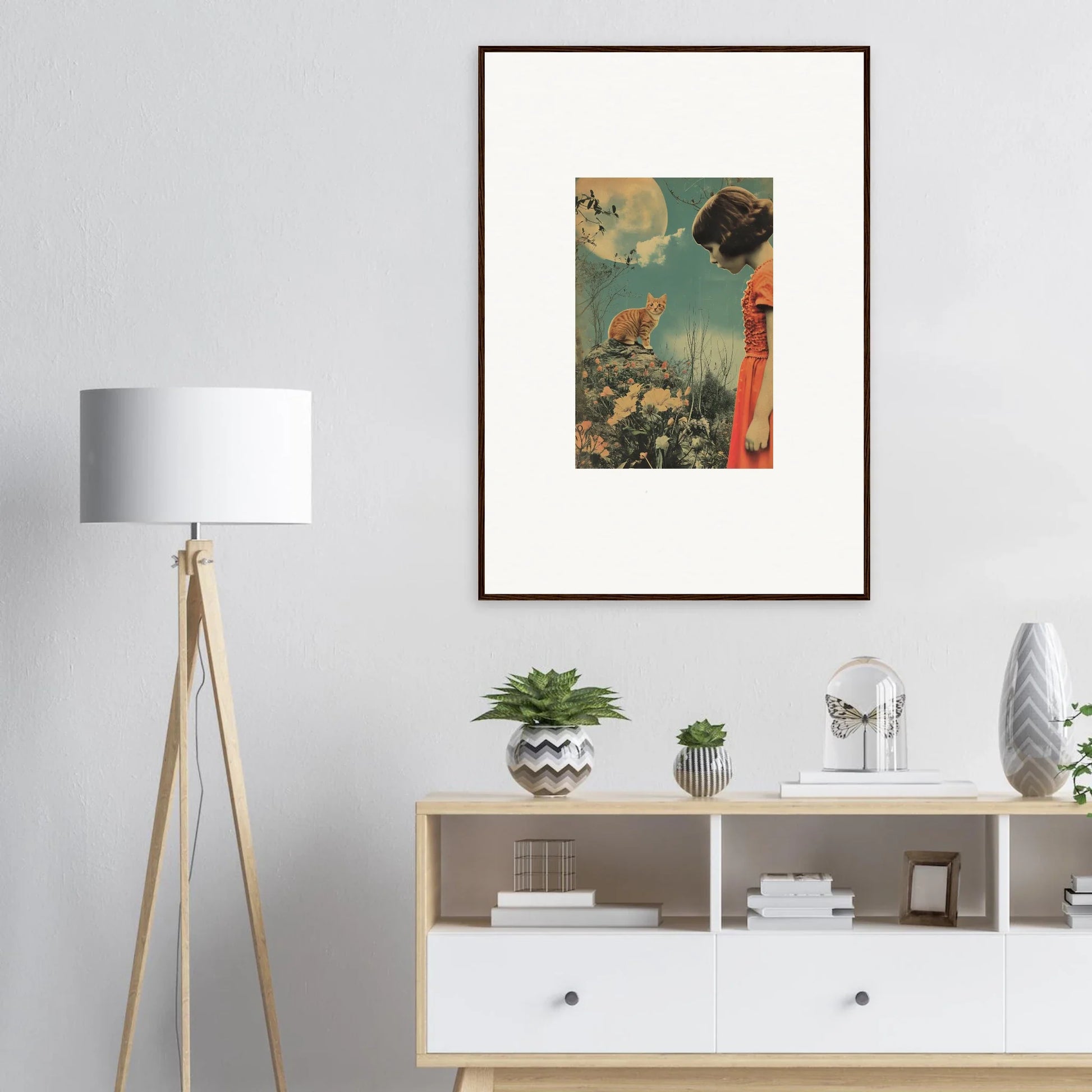 Surreal artwork with a rooster, moon, and architecture for a unique flora reverie canvas print