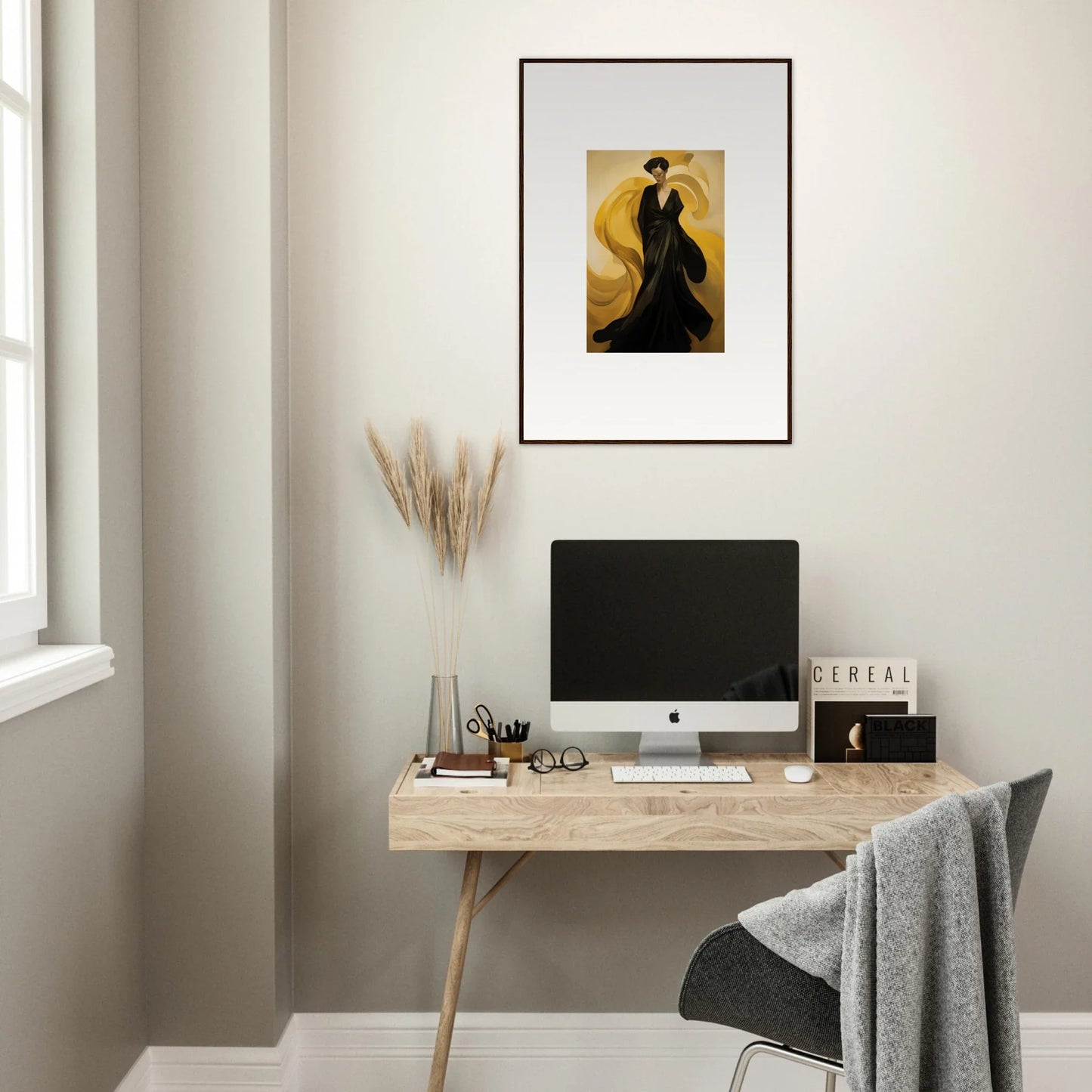 Minimalist wooden desk setup with computer and sun waves canvas print for room decoration