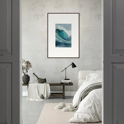 Framed wall art of a cresting ocean wave for cool room decoration in Whispering Oceans