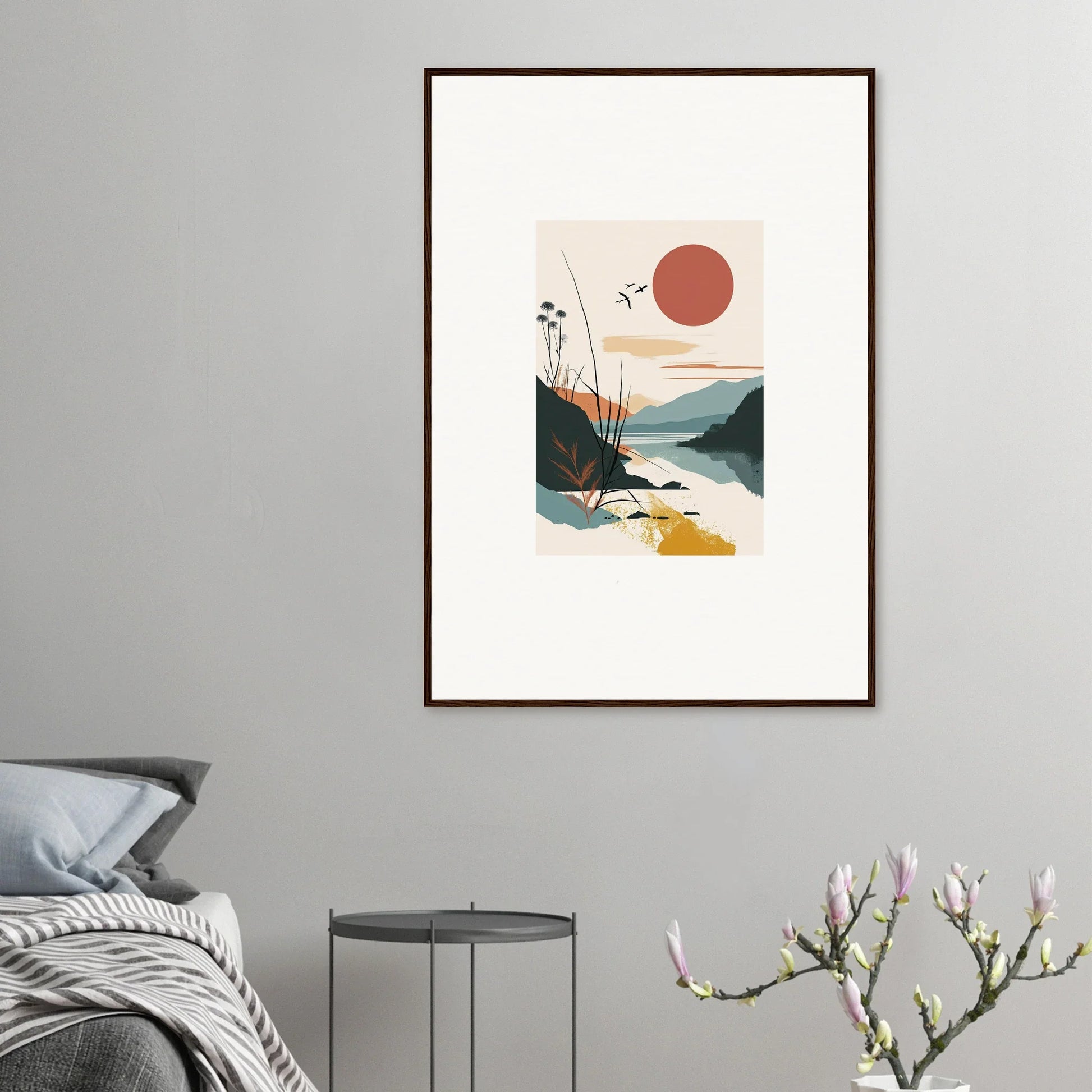 Framed minimalist landscape artwork of a sunset for stylish room decoration