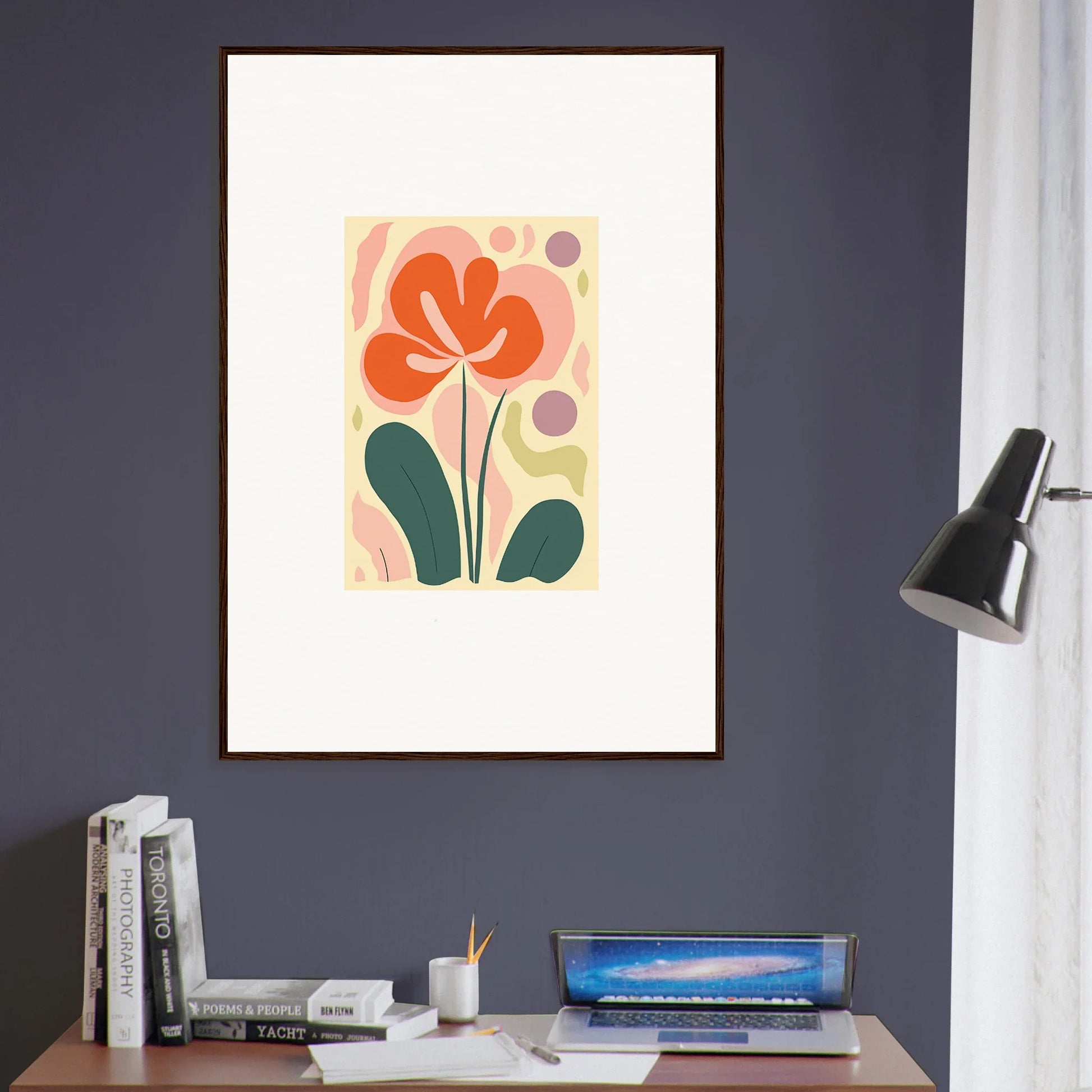 Framed abstract floral canvas print with an orange flower, perfect for echoes whimsy room decoration