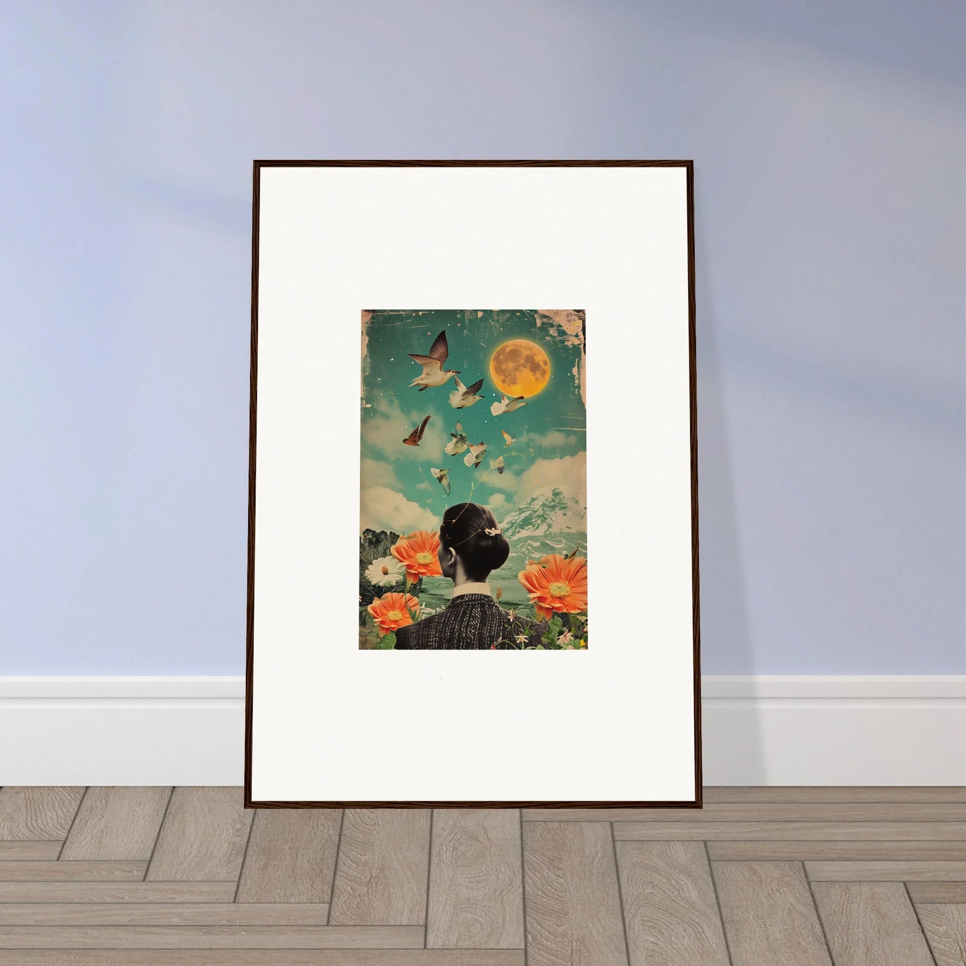 Framed canvas print of bloom reverie with a figure enjoying a whimsical sky scene