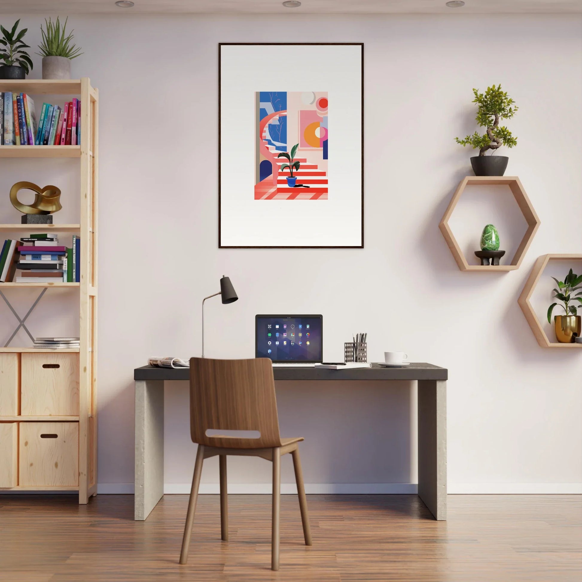 Modern home office with a stylish desk, chair, and Quantum Gardens canvas print decor