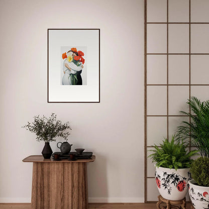 Framed Floral Vortex Embrace canvas print with vibrant flowers and a figure, perfect room decoration