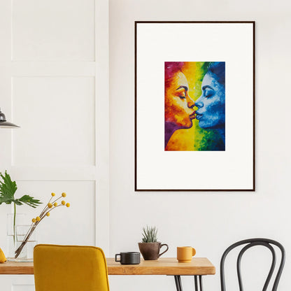 Framed canvas print of colorful faces in a serene kiss for stylish room decoration