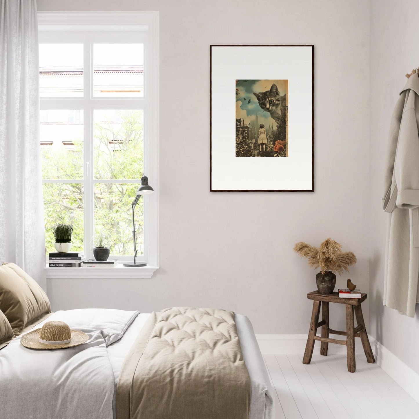 Cozy bedroom with neutral decor and a canvas print for perfect room decoration vibes