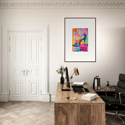 Stylish home office with wooden desk, typewriter, and vibrant framed wall art decor