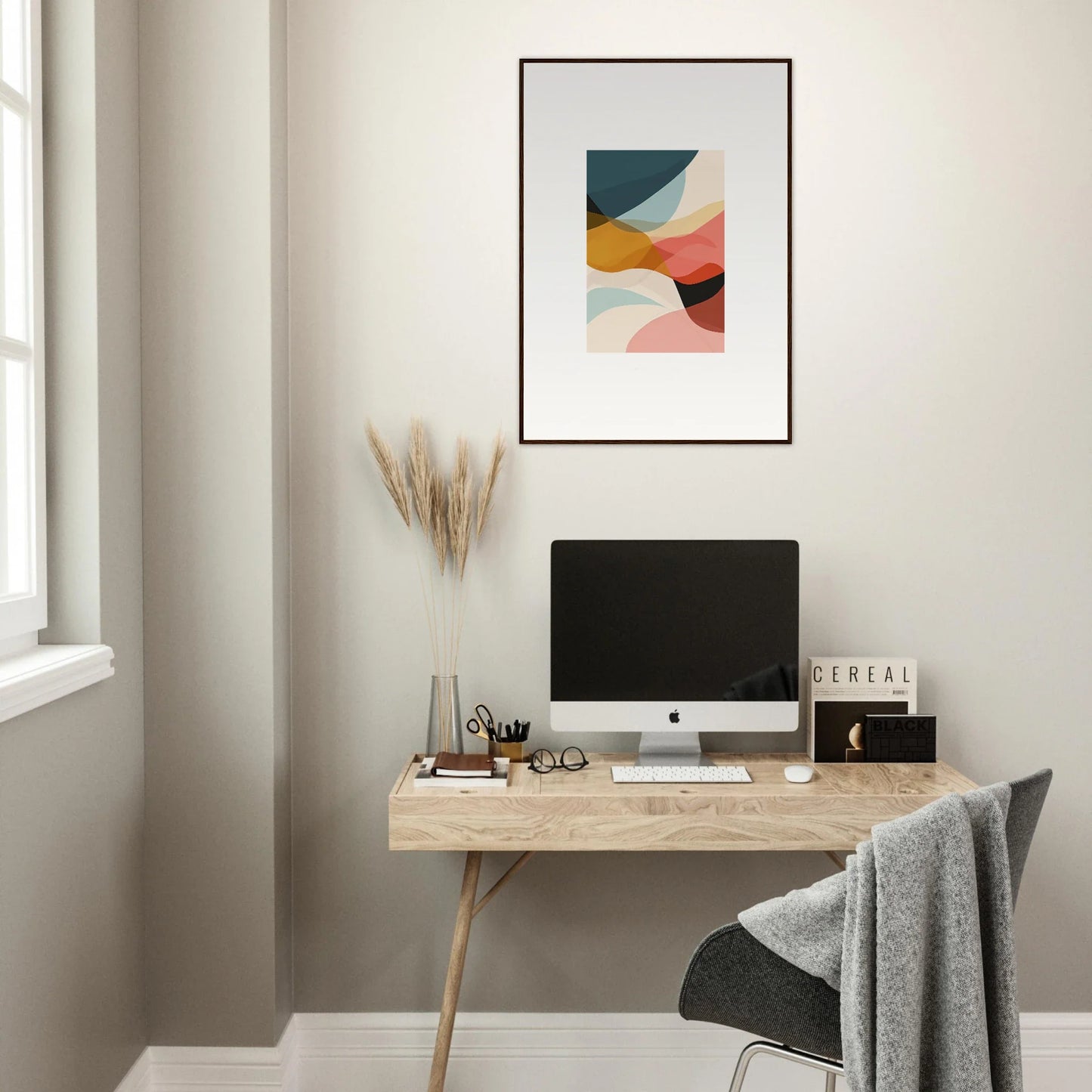 Minimalist wooden desk setup with a computer, perfect for room decoration vibes