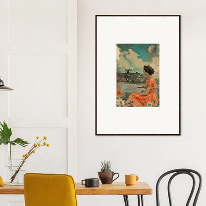 Framed canvas print of a person in an orange dress in a colorful landscape for room decoration