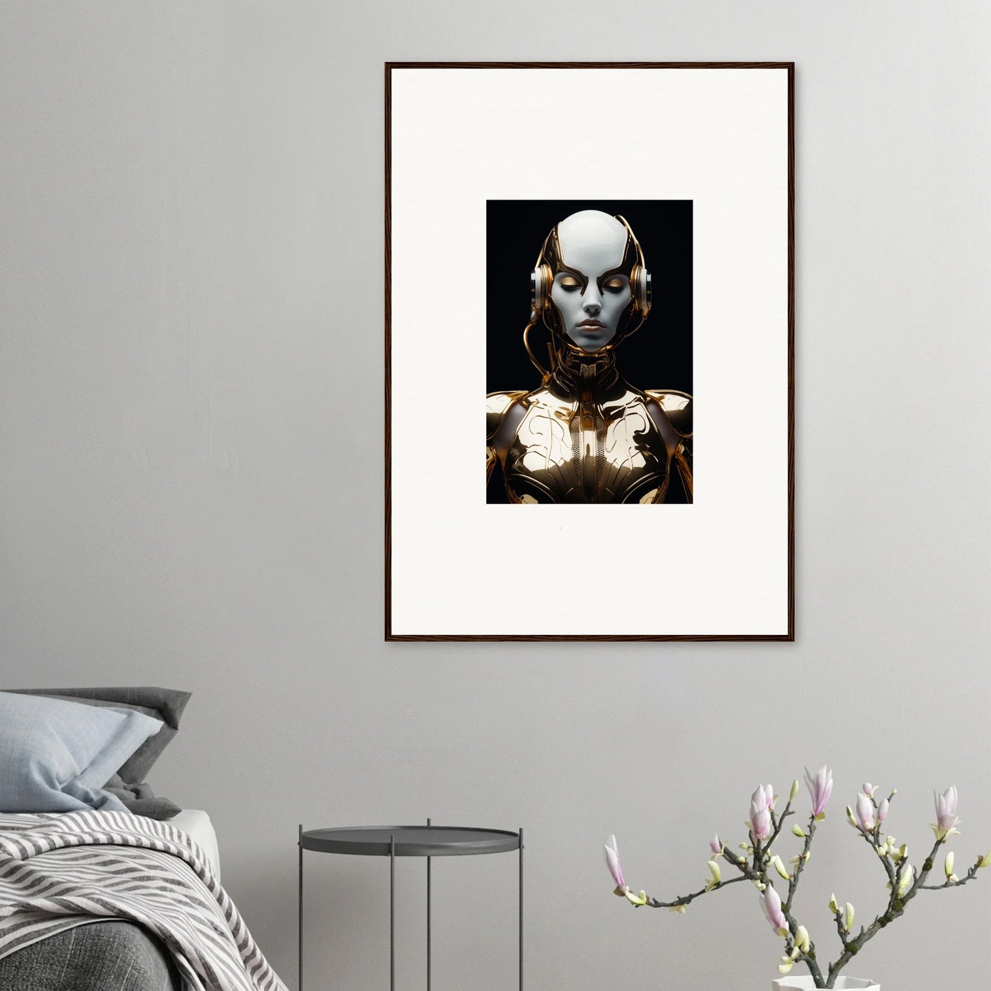 Futuristic humanoid artwork in canvas print for stylish room decoration with electrical elegance