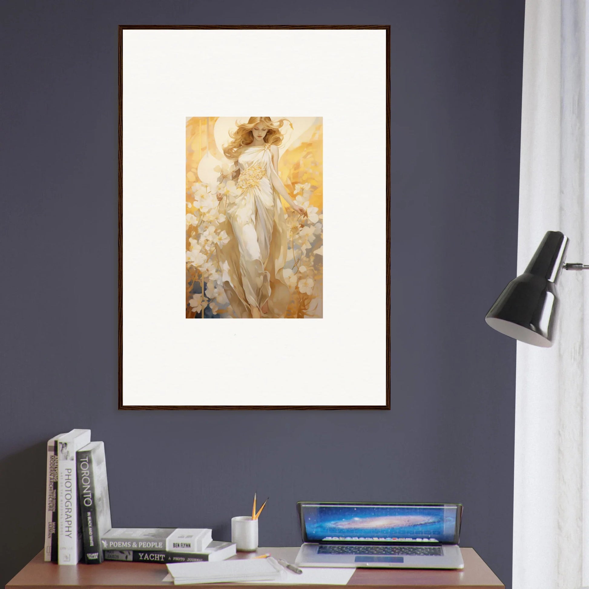 Framed canvas print of a woman in warm tones, perfect for blossom reverie room decoration