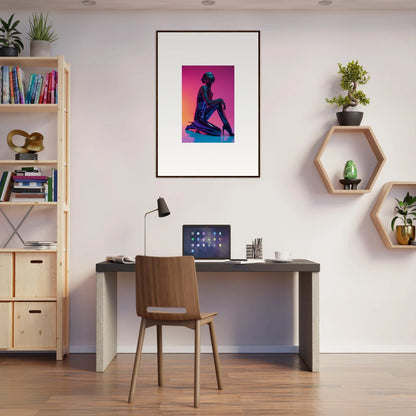 Stylish home office with a Neon Vortex canvas print and modern decor elements