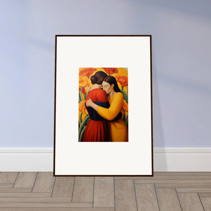 Framed canvas print of two embracing figures with vibrant colors for floral fondness room decoration