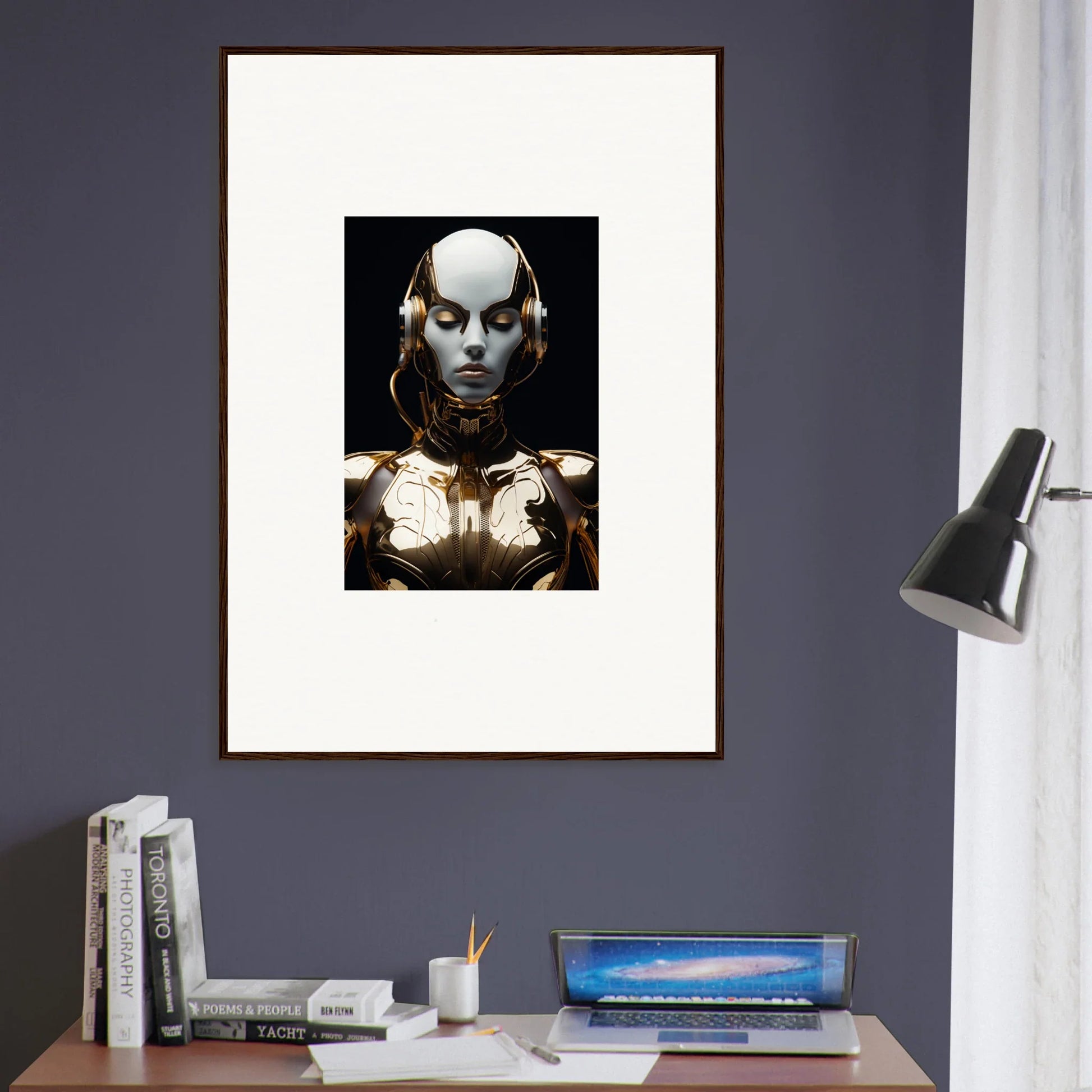 Framed canvas print of a cyborg showcasing electrical elegance for cool room decoration