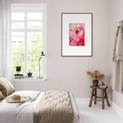 Bright, airy bedroom with white decor and vibrant pink flamingo verse tapestry art