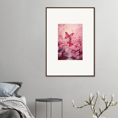 Framed canvas print of pink butterfly and cherry blossoms for spring euphoria room decoration