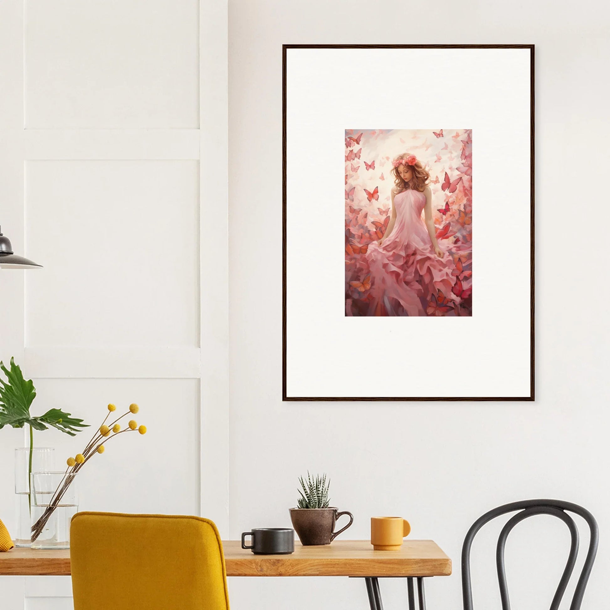 Framed canvas print of a woman in a pink dress with butterflies for autumn lattice room decoration