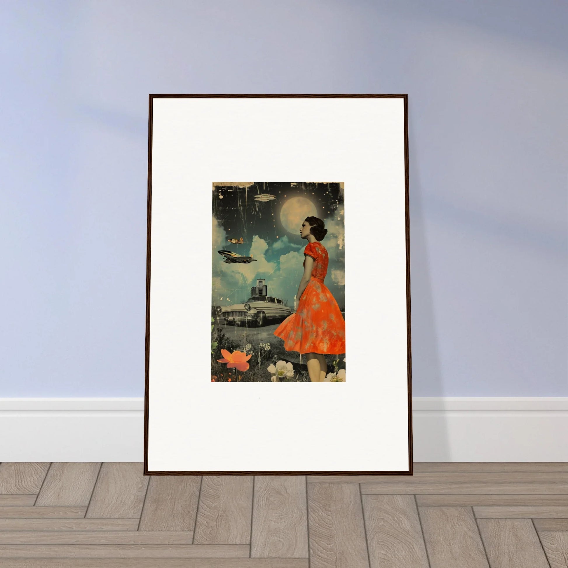 Framed canvas print of a woman in an orange dress for retro bloom room decoration