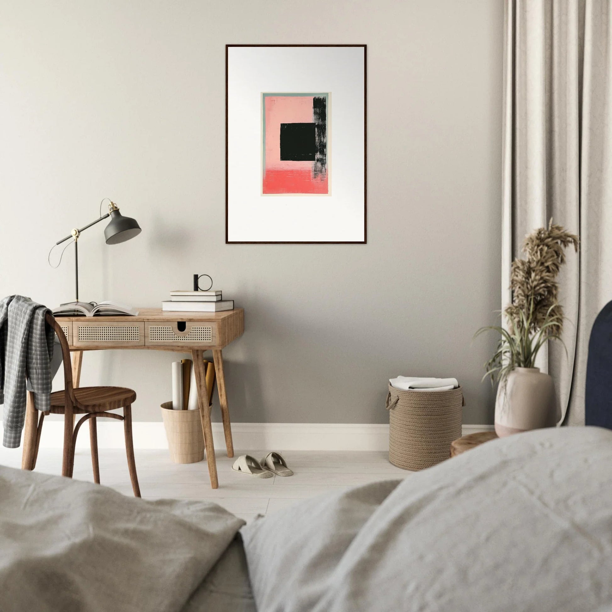 Bedroom with wooden desk, lamp, and Elysian Frenzy canvas print for room decoration