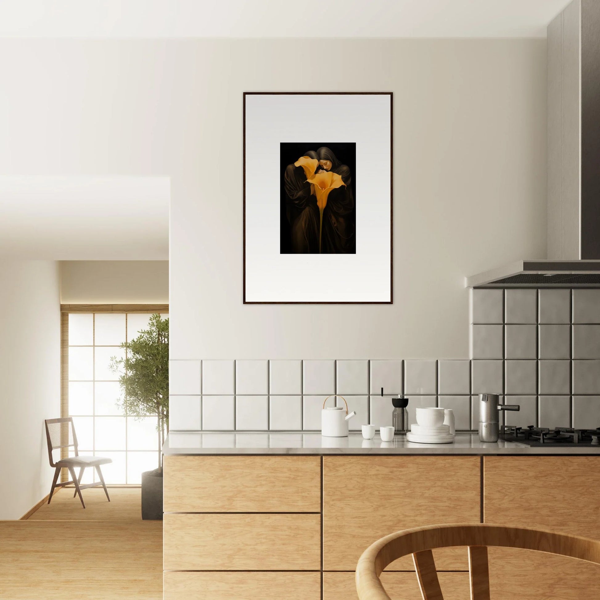 Stylish kitchen with a canvas print of yellow Calla lilies for fresh room decoration