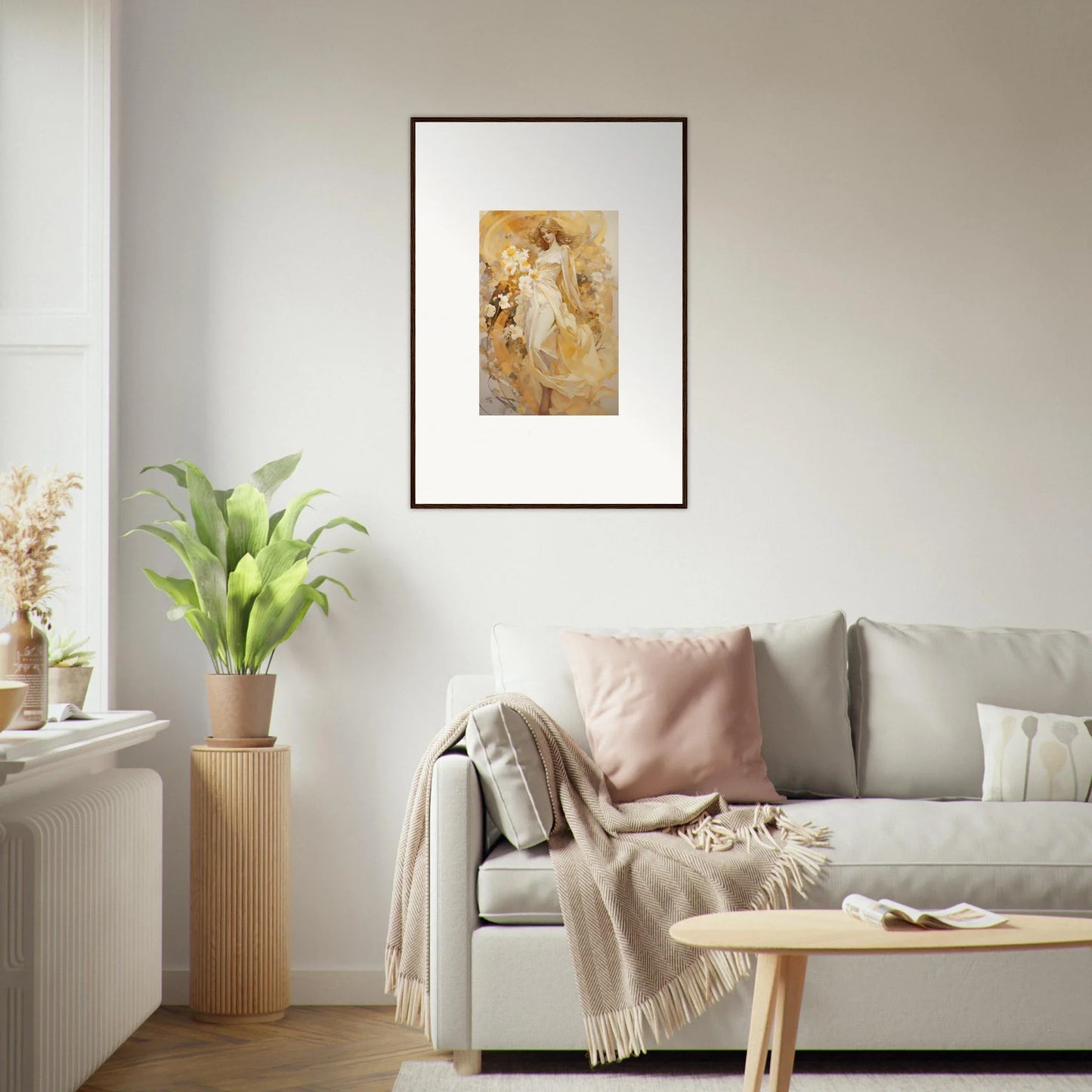 Framed canvas print of an ethereal symphony with floral elements in soft gold tones