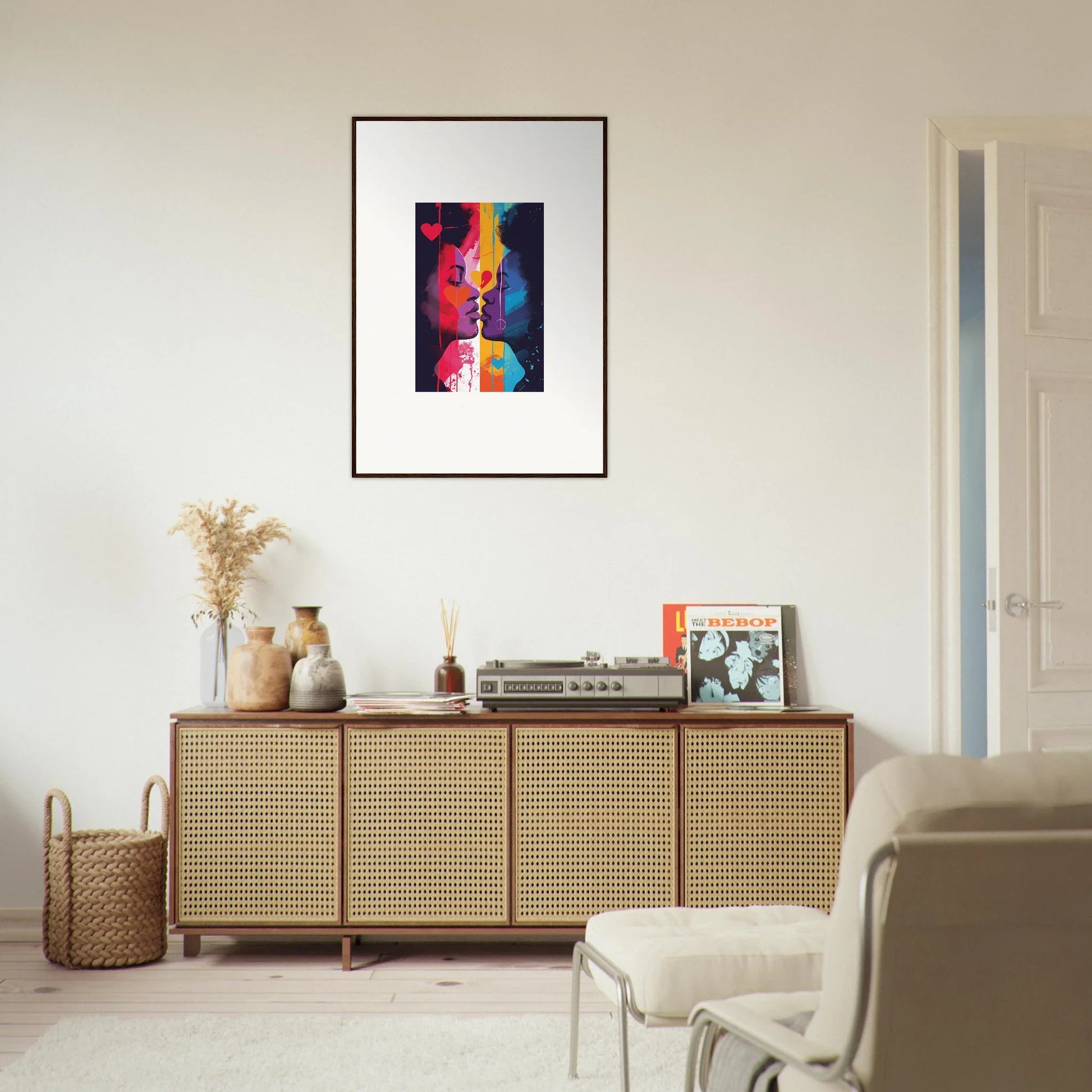 Wooden sideboard with cane doors and decor, perfect for heartwave reflection room decoration