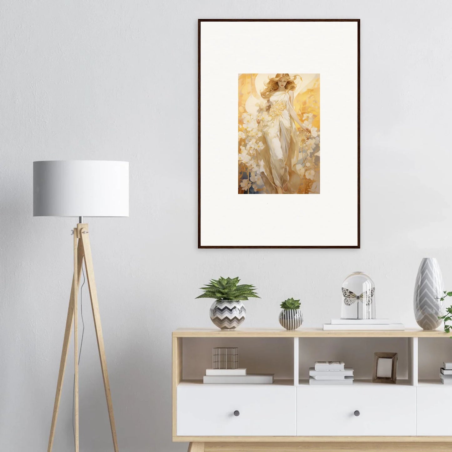 Framed canvas print of feminine figure in golden hues, perfect for Blossom Reverie room decoration