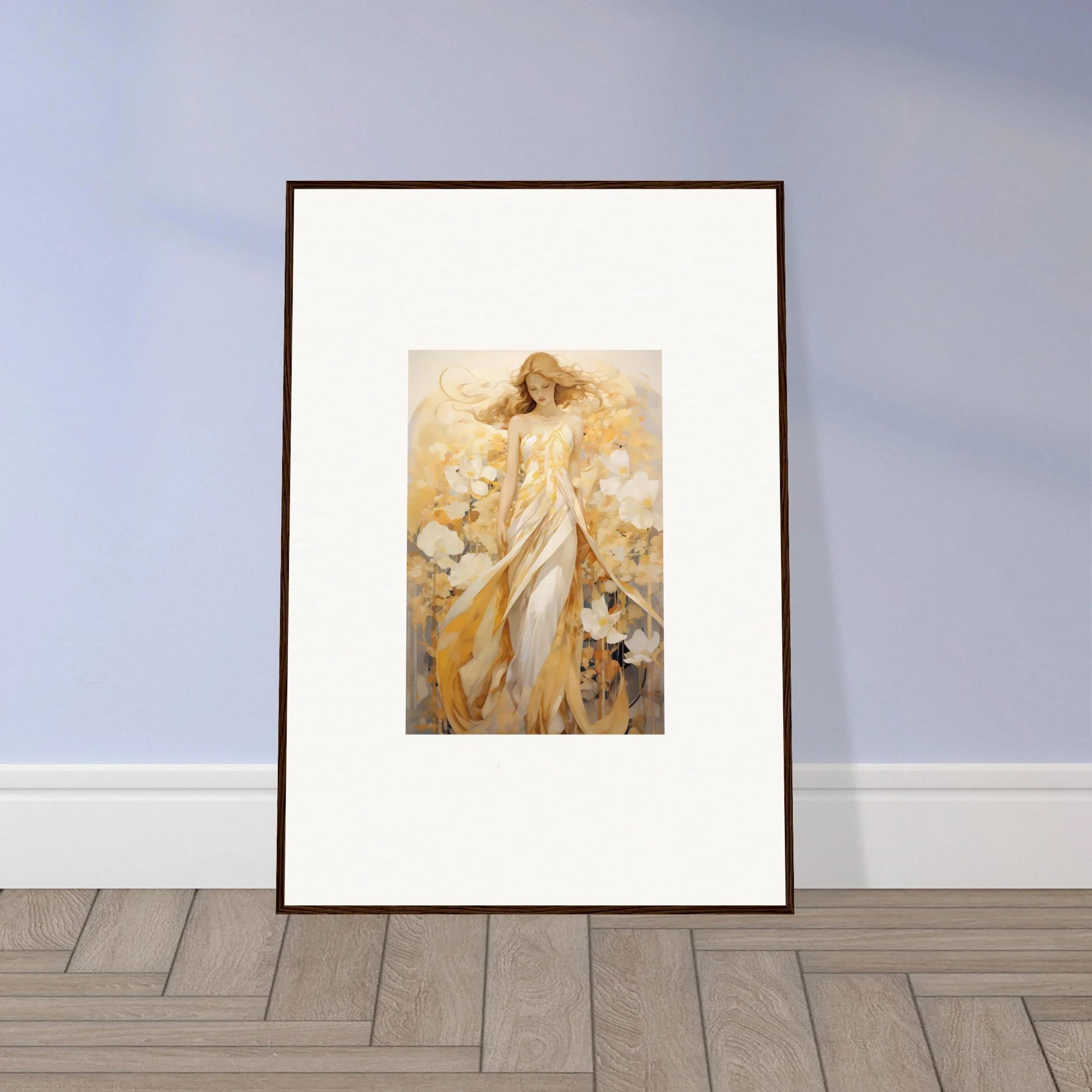 Framed canvas print of a woman in a yellow dress surrounded by whispering petals