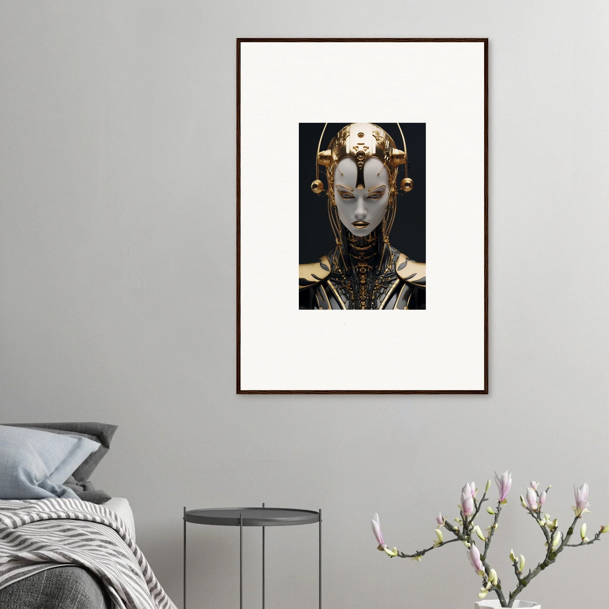 Futuristic metallic humanoid face canvas print for unique room decoration in Fulgrid Manifestation