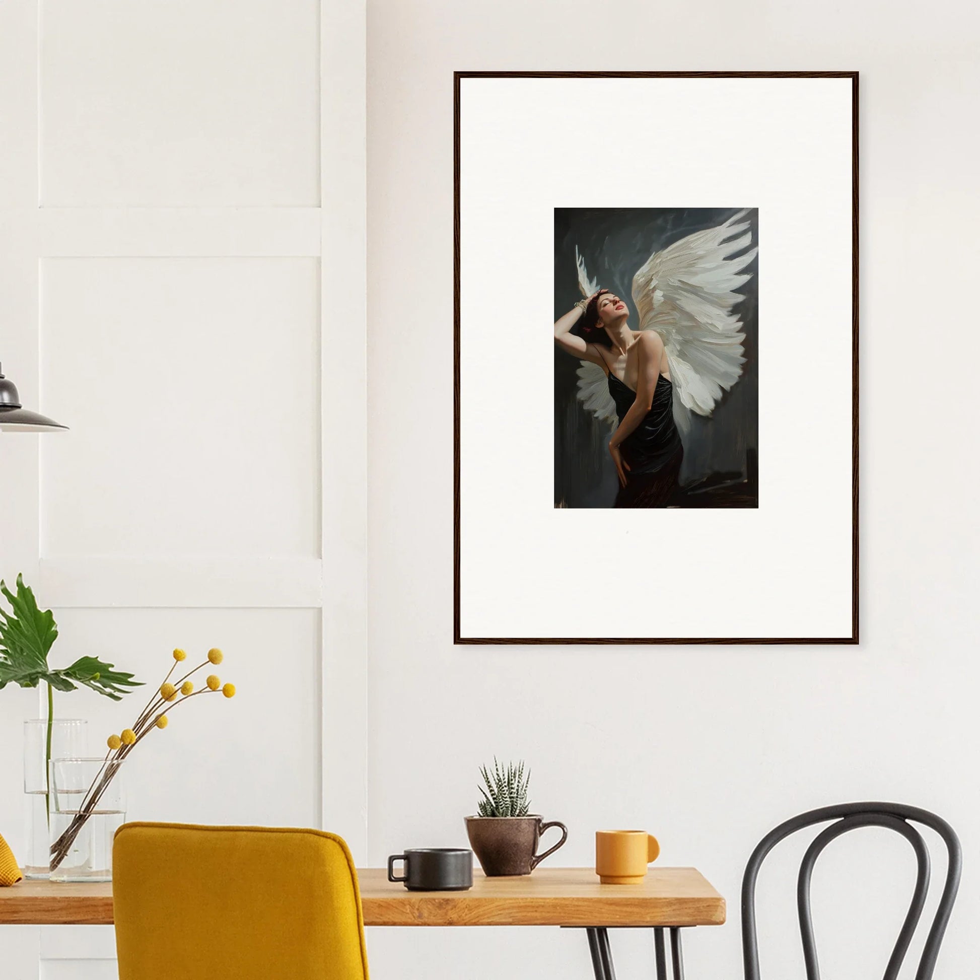 Framed canvas print of Ethereal Femme Ascent with a figure and large white wings for room decoration