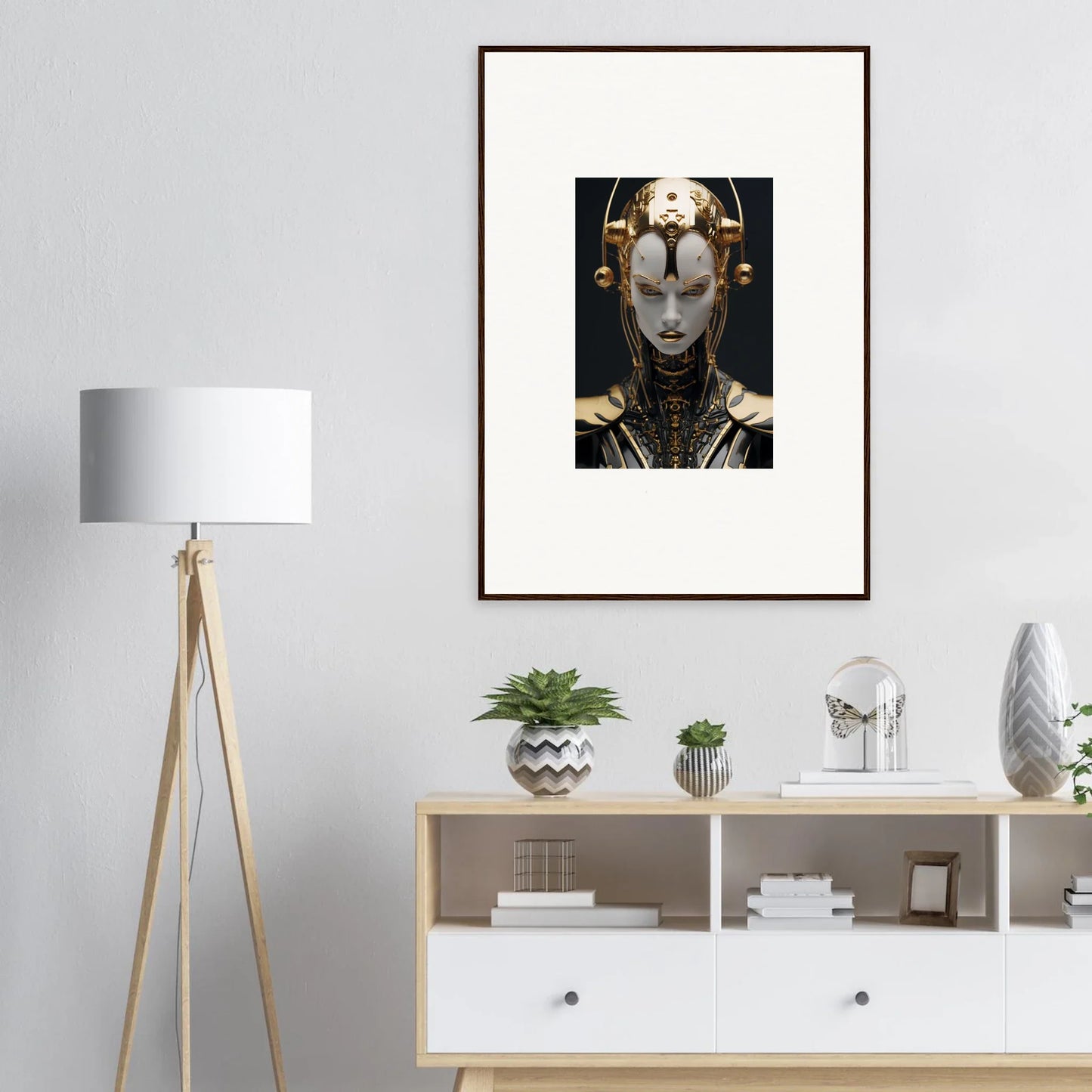 Framed canvas print of a futuristic metallic humanoid for cool room decoration