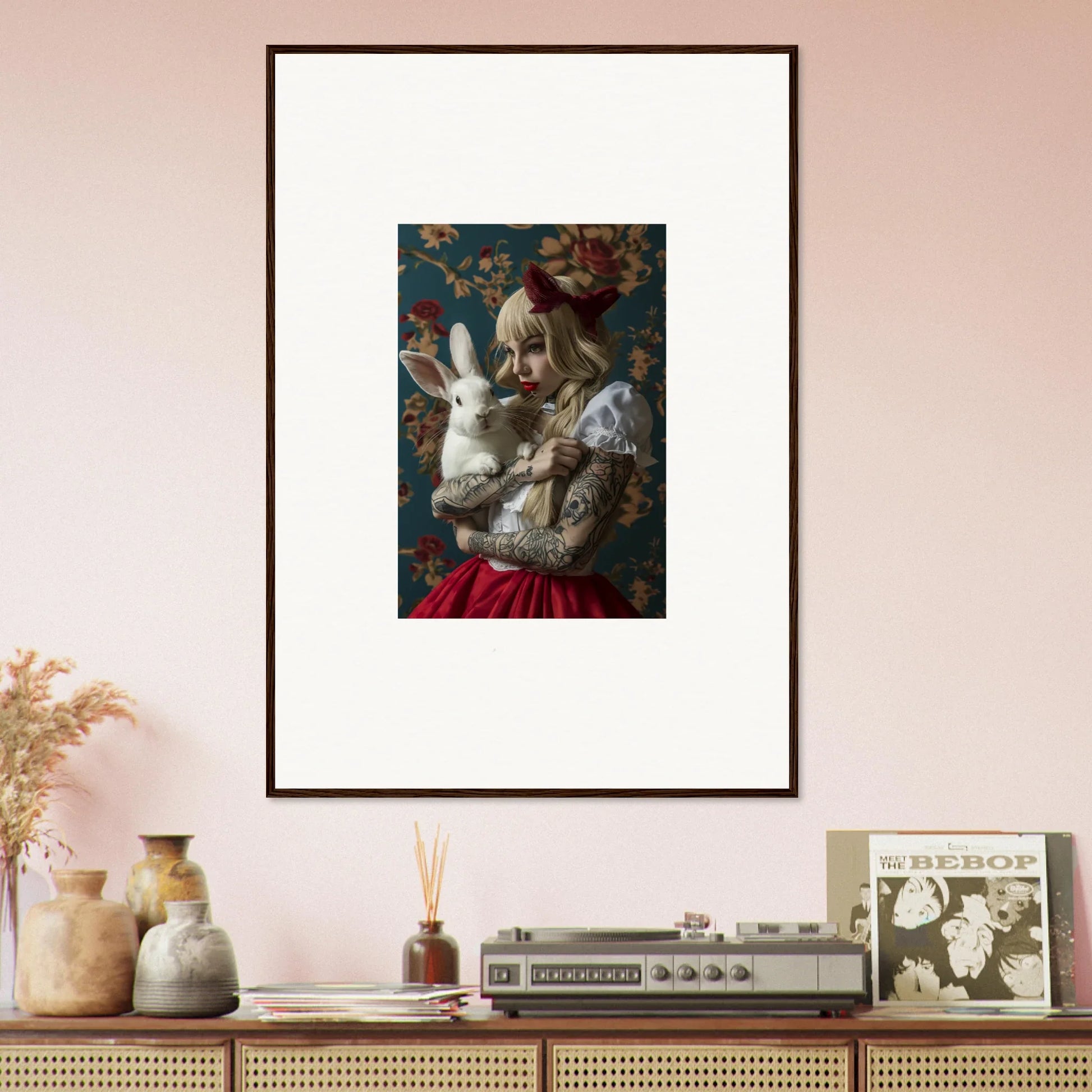 Framed canvas print of surreal rabbit dreams with human figures for unique room decoration