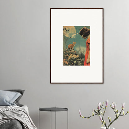 Surrealist canvas print of a cat, moon, and human in dreamy flora reverie landscape