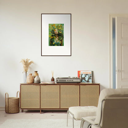 Framed canvas print of Chrysalis Ecstasy featuring a figure in lush greenery for room decoration