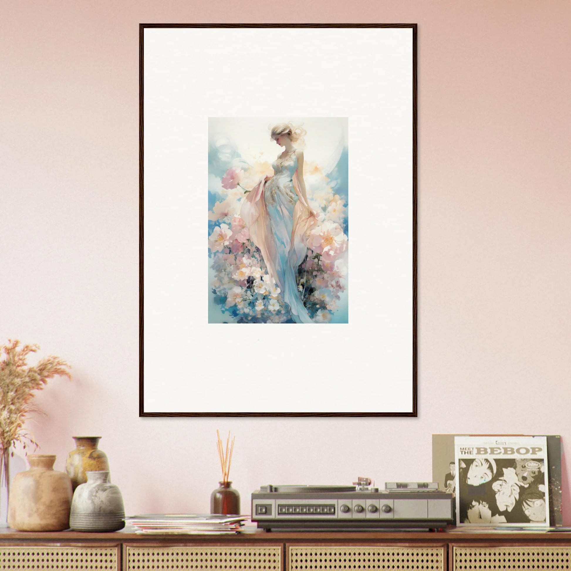 Framed canvas print of Ether Dreaming Effulgence with a dreamy female figure and flowers