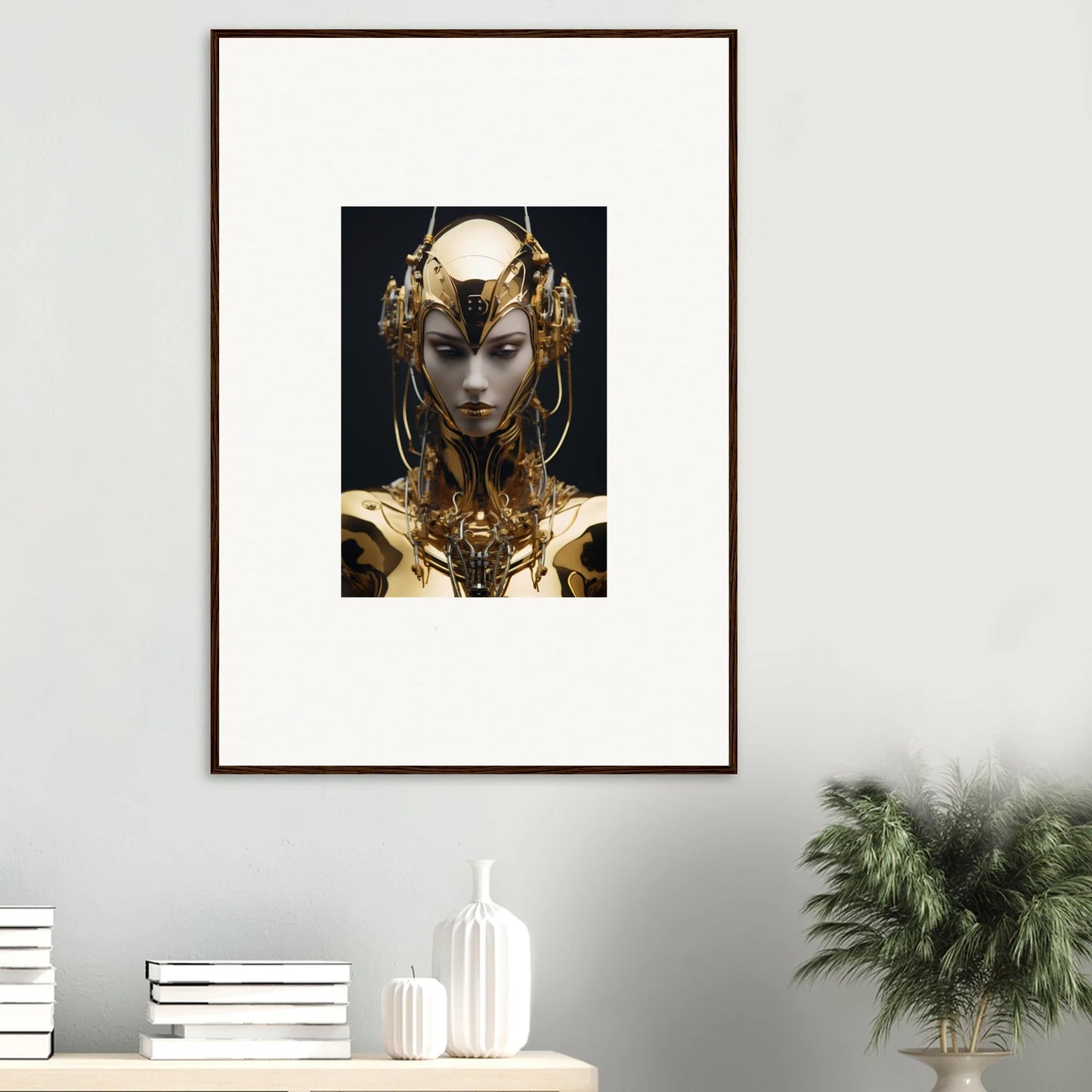 Futuristic golden robotic figure artwork, perfect for room decoration as a canvas print