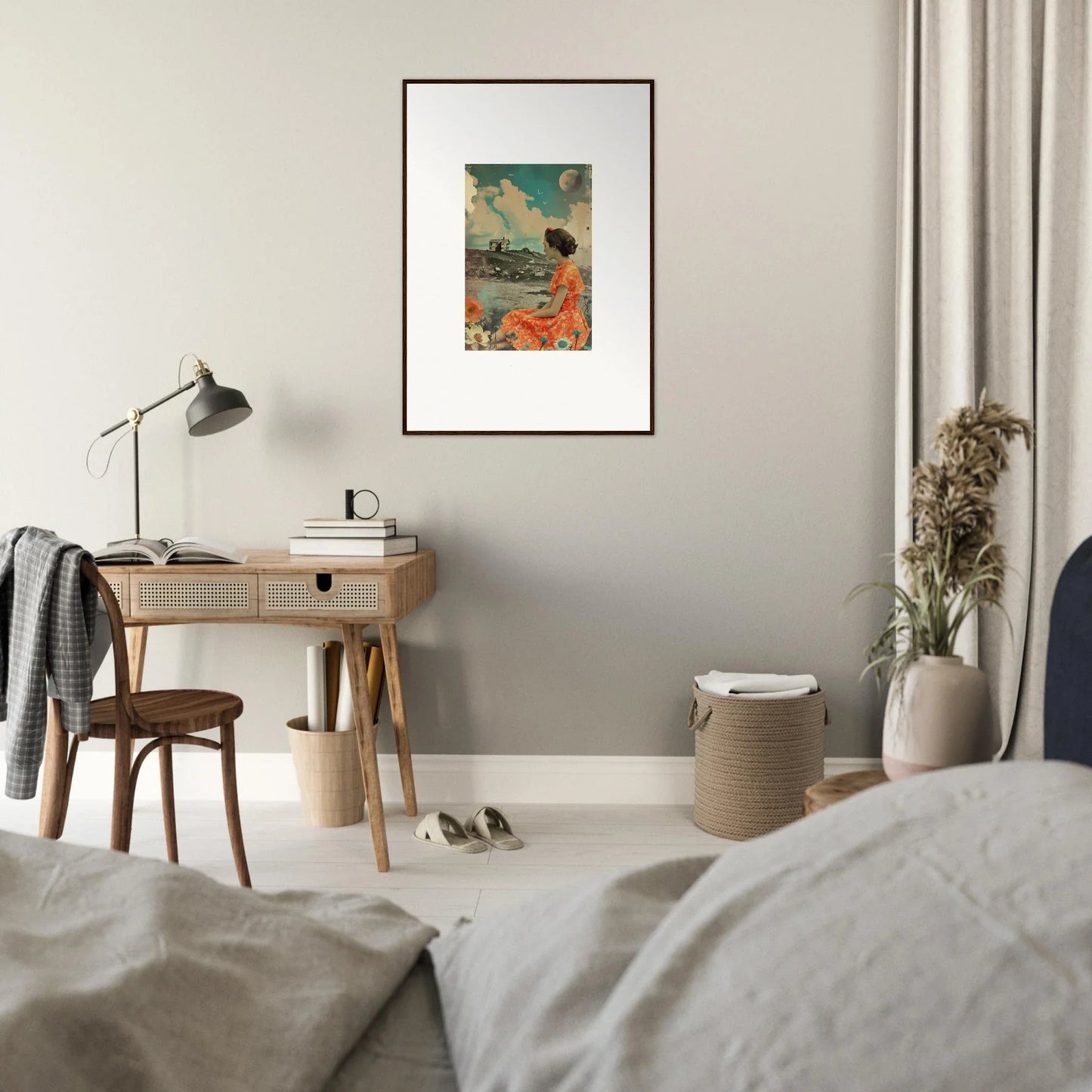 Framed colorful canvas print of a figure with flowers and birds for vibrant room decoration