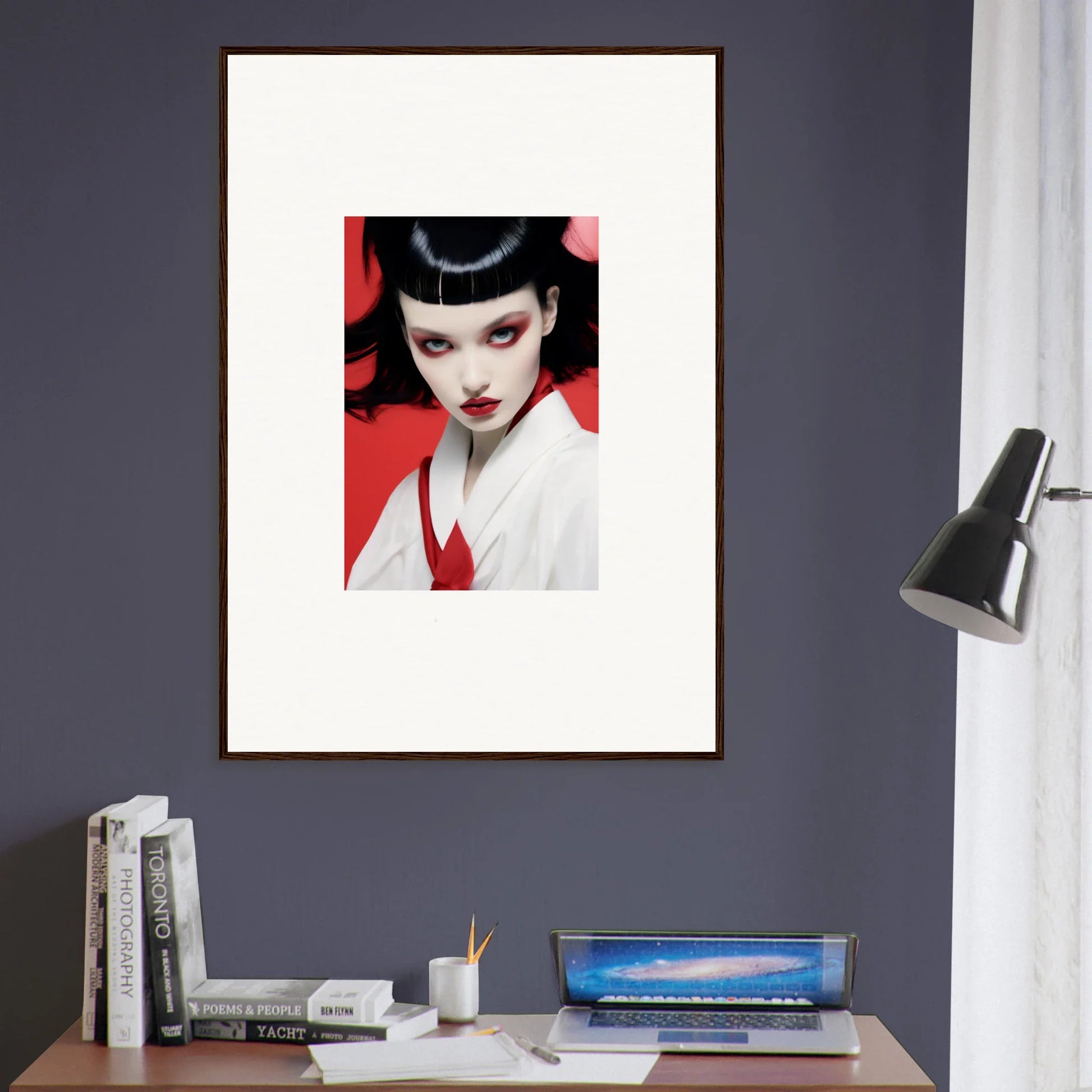 Framed canvas print of a geisha-like figure for cherry dream room decoration