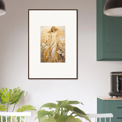 Framed canvas print of ethereal female figure in golden hues, perfect for room decoration