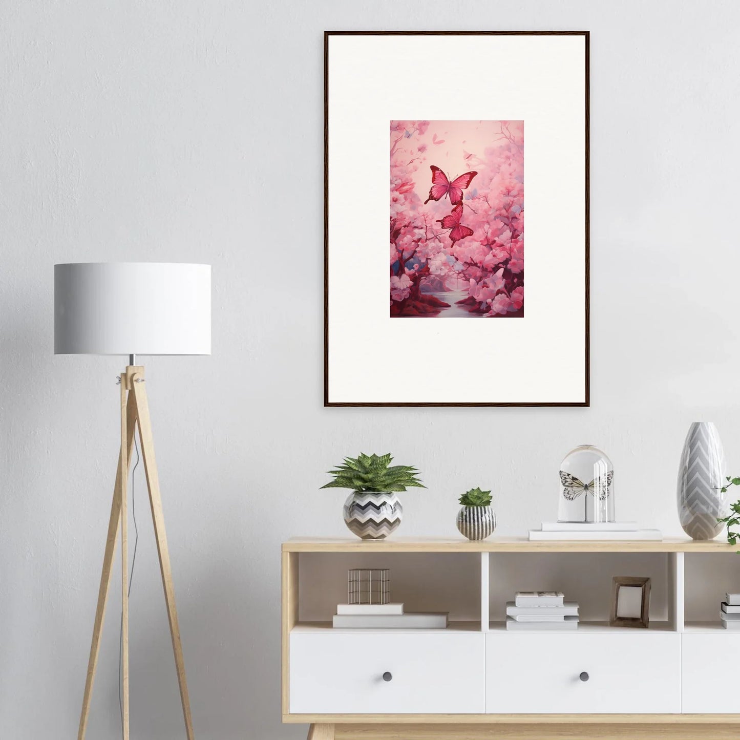 Framed canvas print of a pink butterfly for spring euphoria room decoration