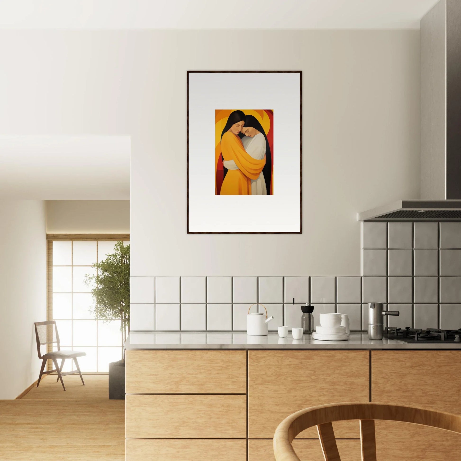 Framed abstract painting of a warm yellow figure, perfect for Sun Nyah room decoration