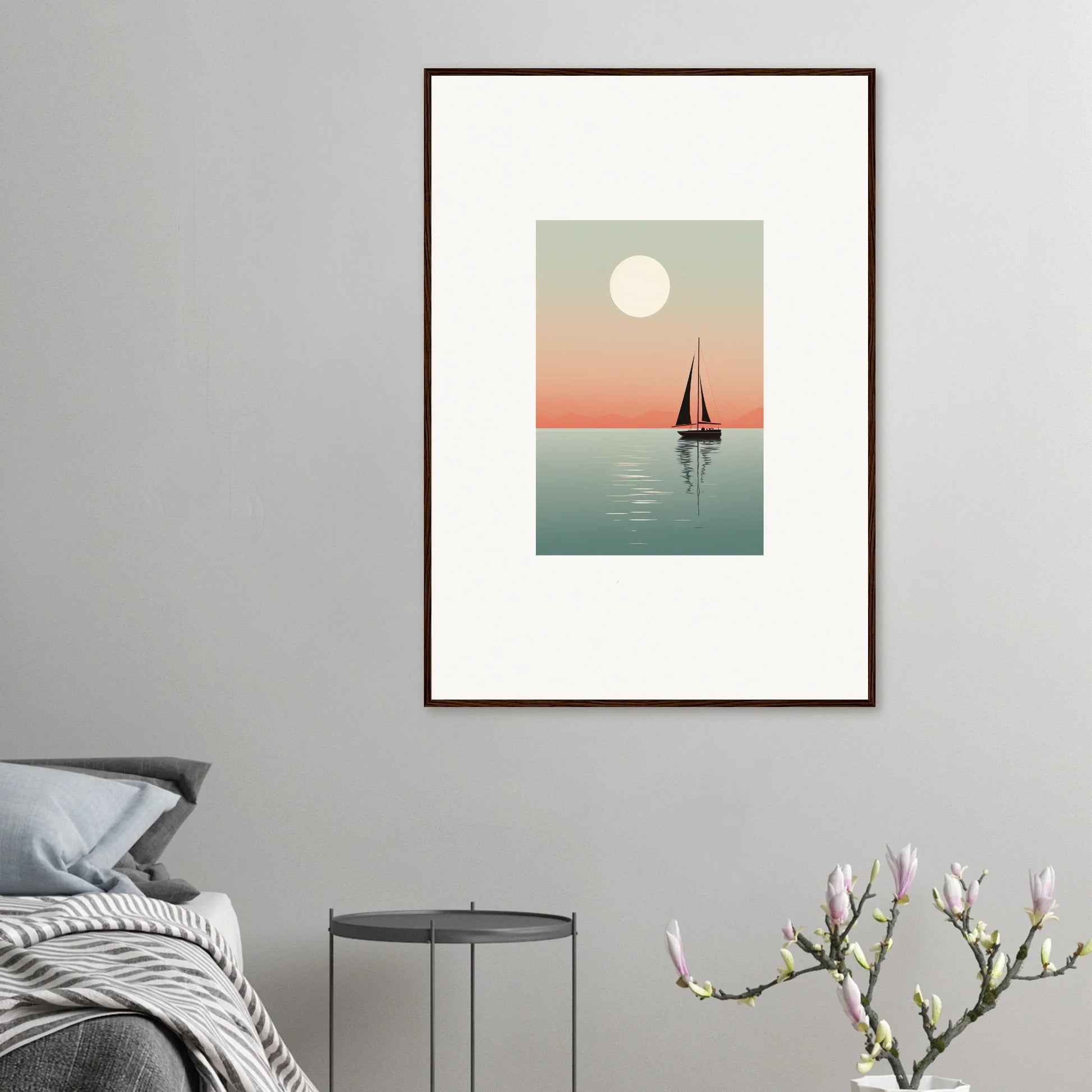 Framed canvas print of Nautical Harmonies with sailboat under moonlit sunset