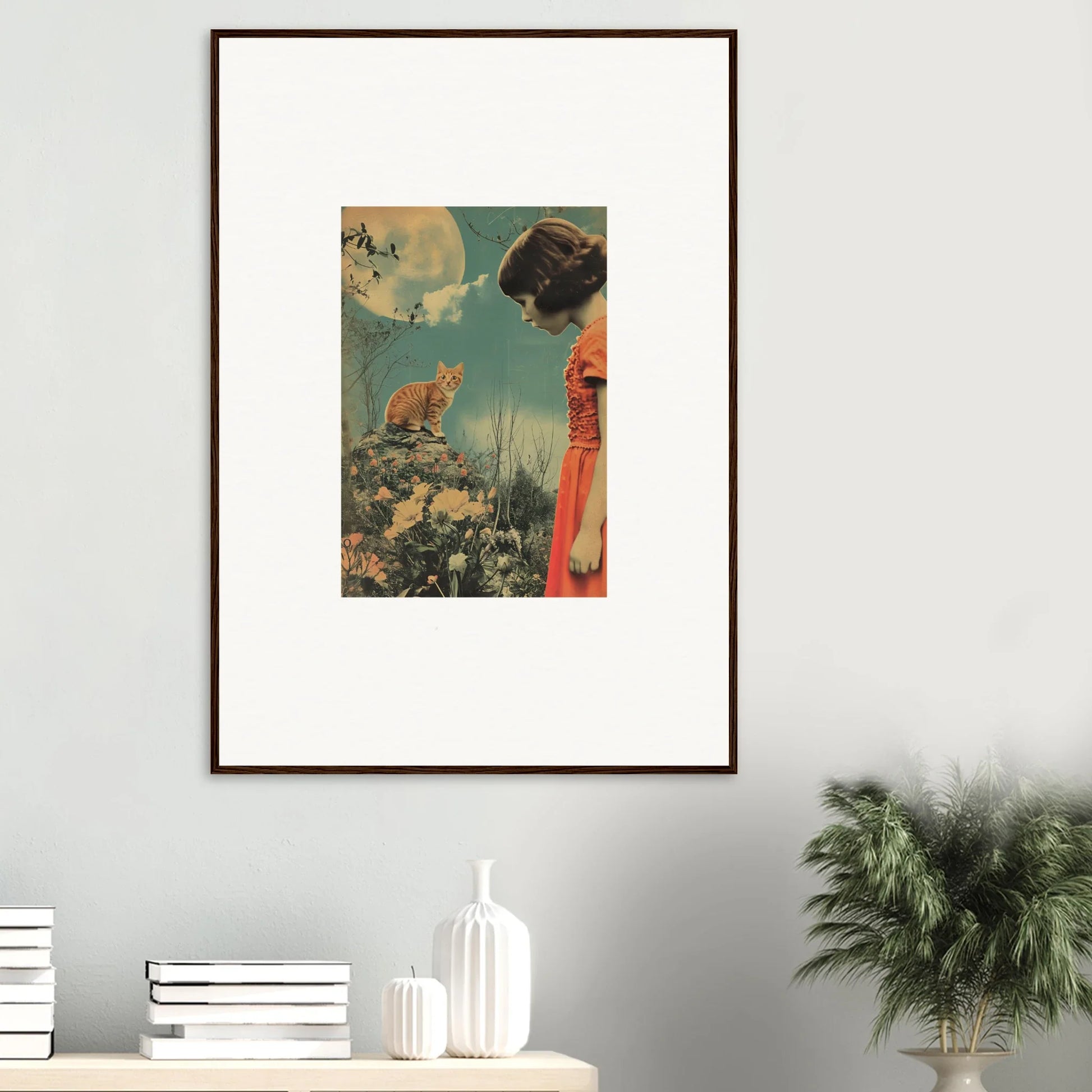 Vintage canvas print of a woman in a red dress gazing at a lion under the moon, whimsy reverie