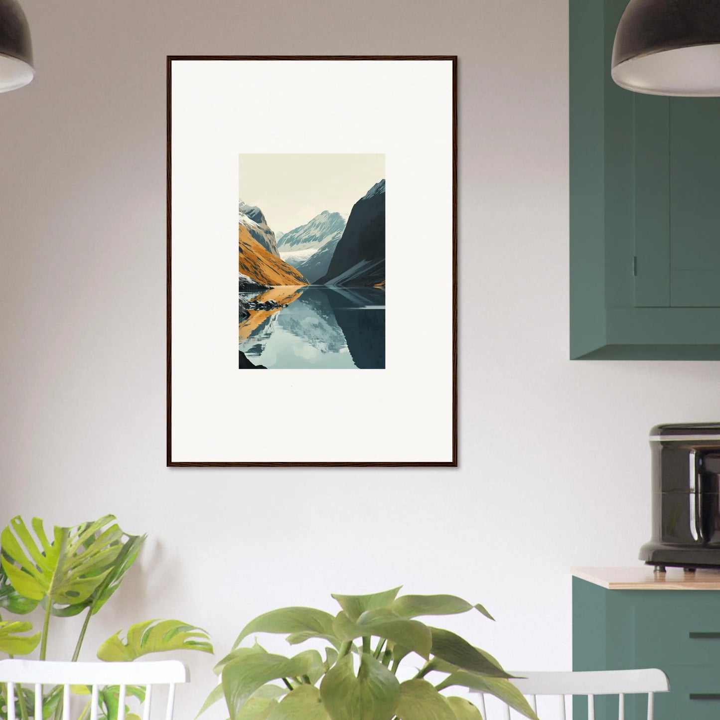 Framed canvas print of glacier harmony with mountains reflecting in a calm lake