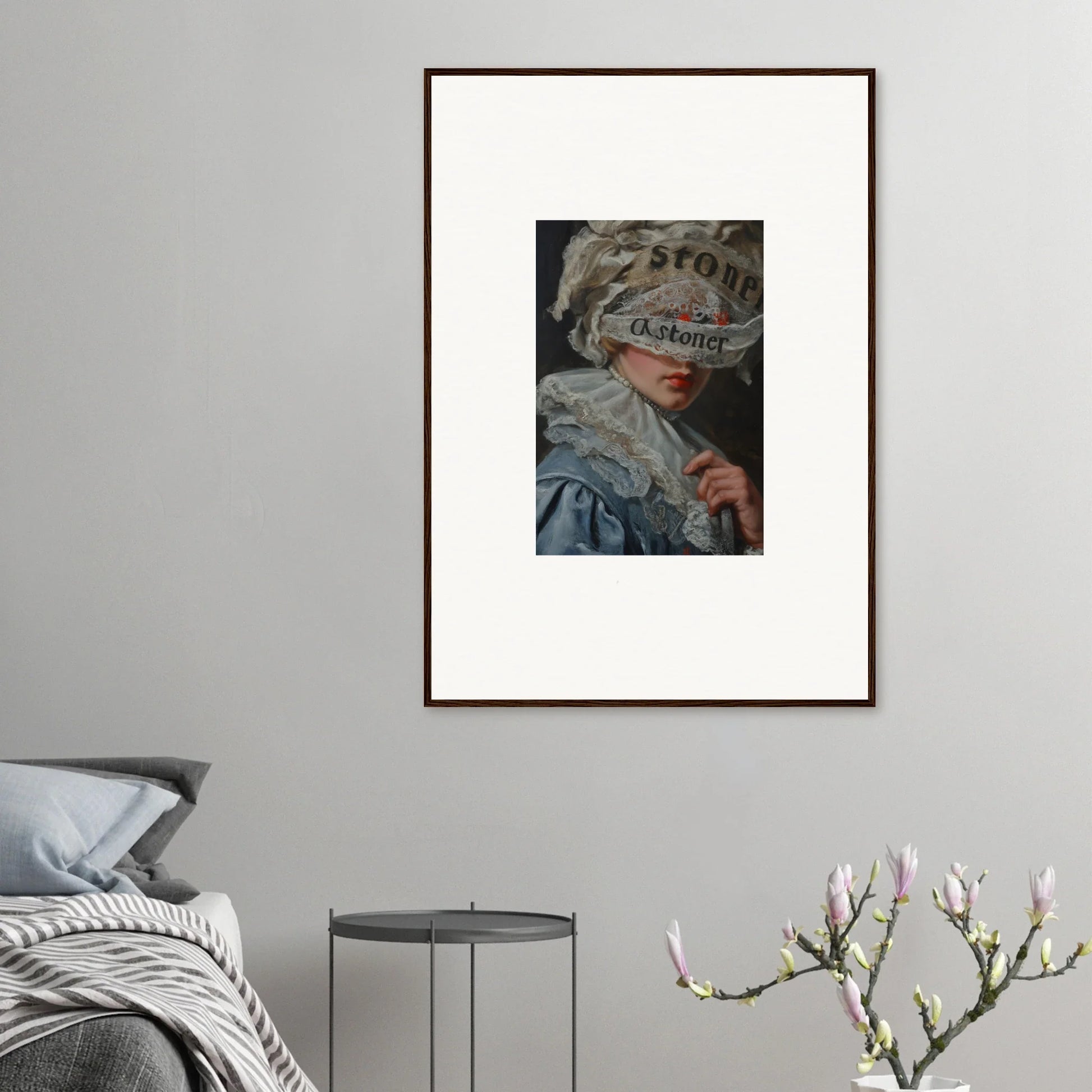 Framed canvas print with a portrait partially obscured for unique room decoration vibe