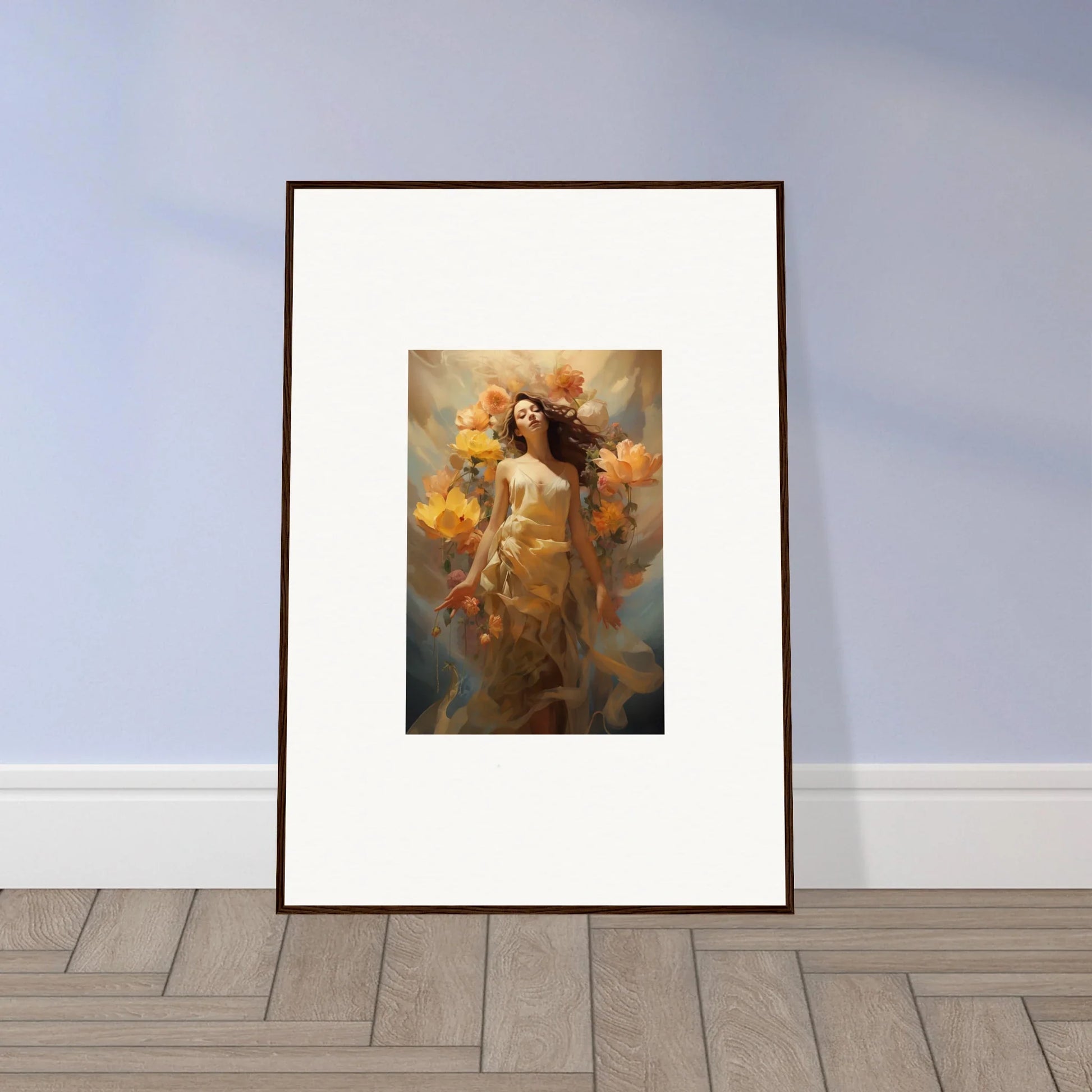 Framed canvas print of a woman in autumn leaves for a chill Blossom Odyssey room decoration