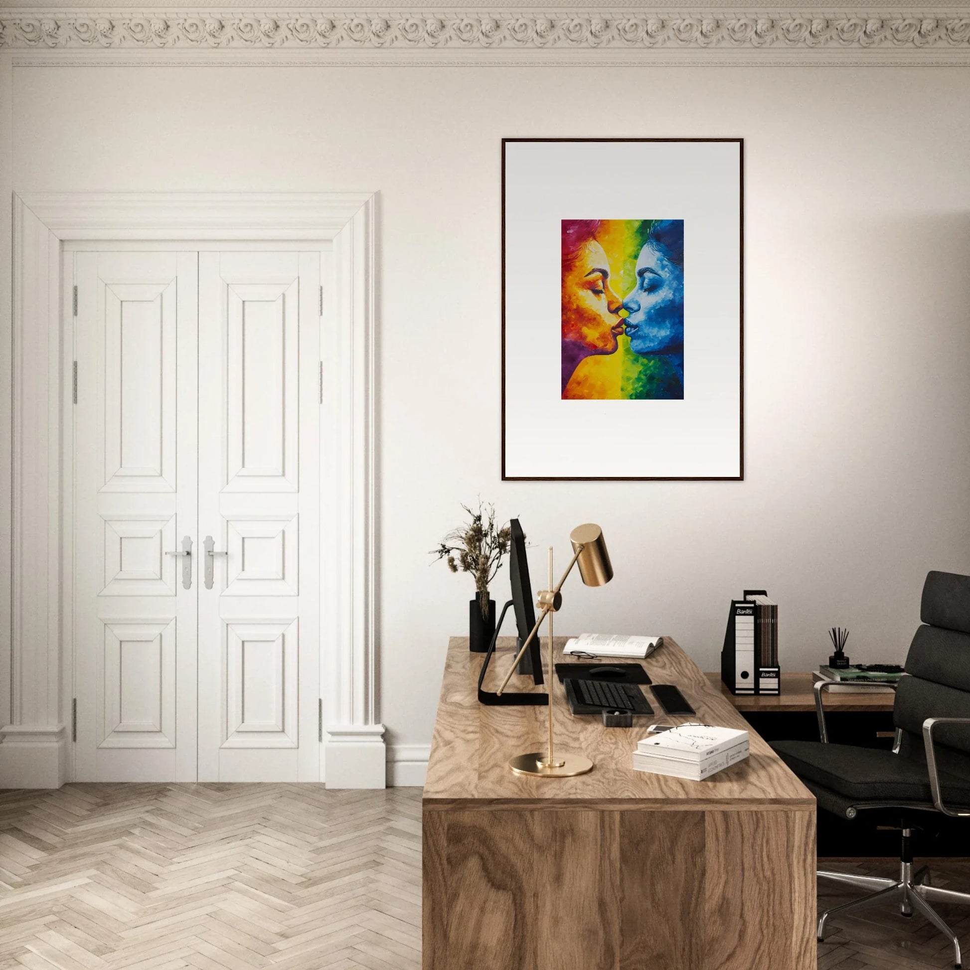 Colorful framed artwork of two faces for a serene room decoration vibe