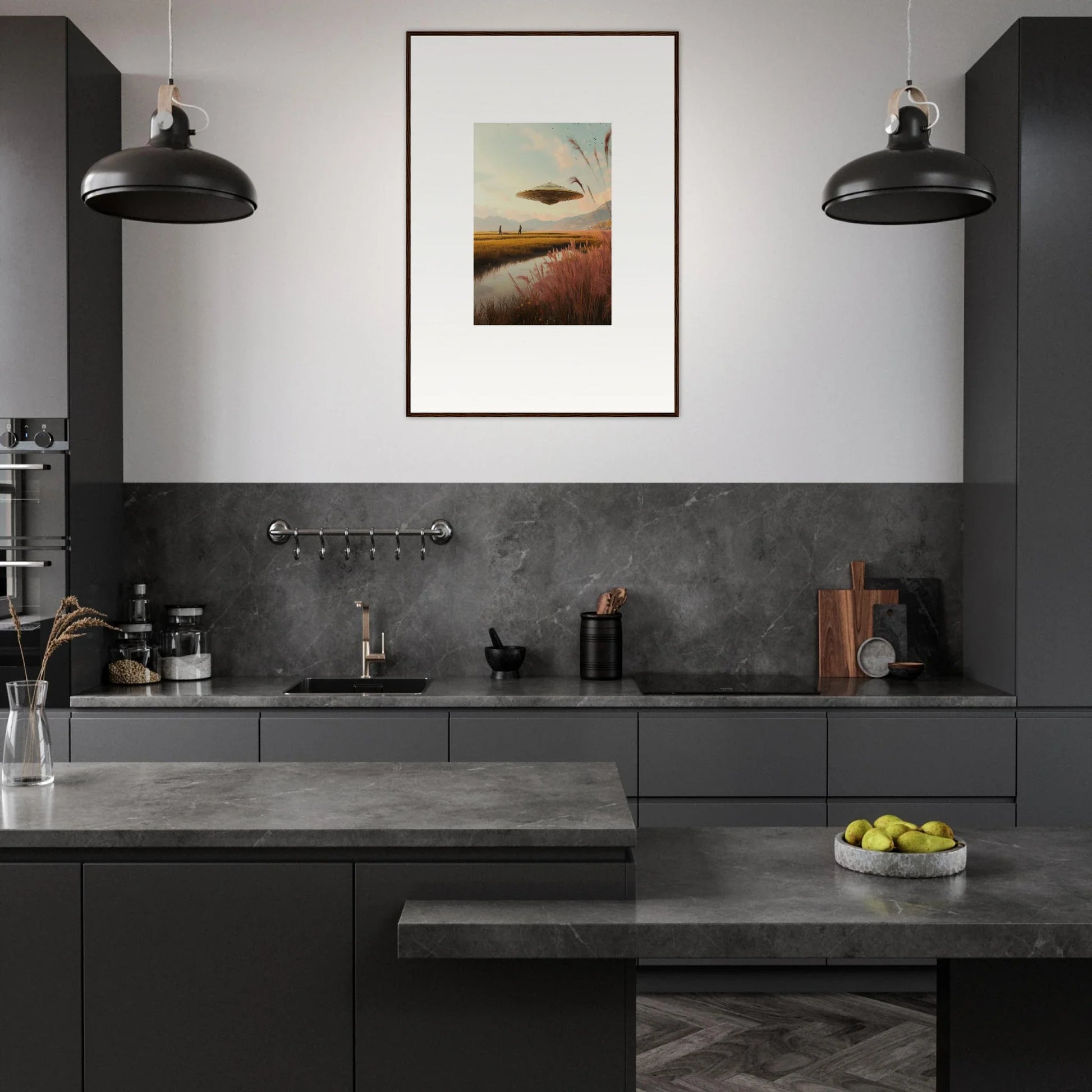 Modern dark kitchen featuring sleek cabinetry and Meadow Raindancers framed wall art