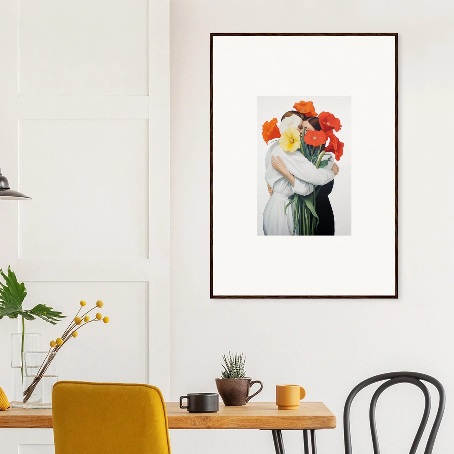 Framed canvas print of a vibrant vortex embrace with flower-crowned figures for room decoration