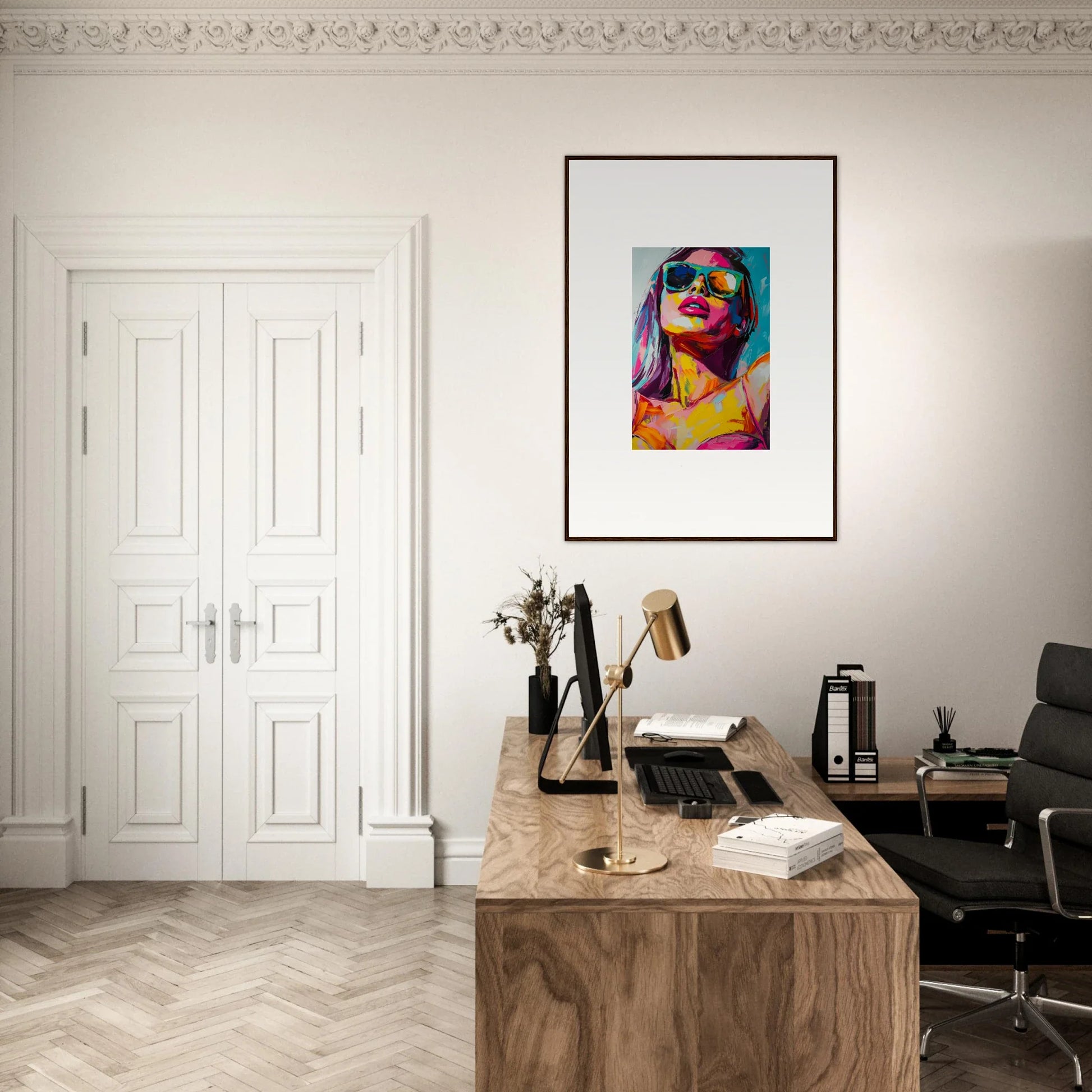 Stylish home office featuring a wooden desk and a vibrant canvas print for room decoration